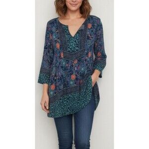 Lucky Brand Women 3X Blue Green Floral Shirt Tunic Boho Casual V-Neck Office NWT